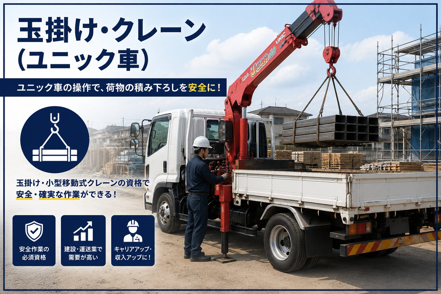 建材輸送と玉掛け・クレーンを表す仮画像